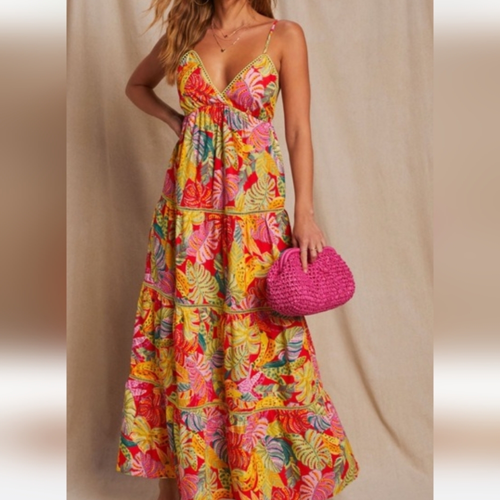 VICI Tropical Floral Tiered Maxi Dress L